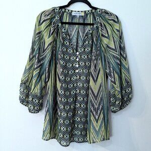 Figueroa & Flower Women's Semi-Sheer Peasant Style Multicolor Blouse. Size Large